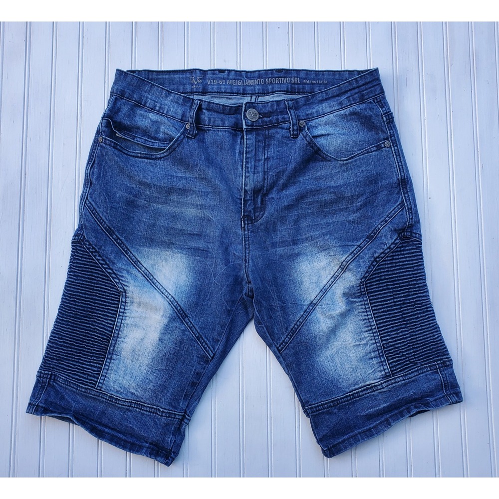 Versace V19-69 Italia Mens Blue Moto Denim Shorts Sz 32 Ribbed Biker Jean Shorts